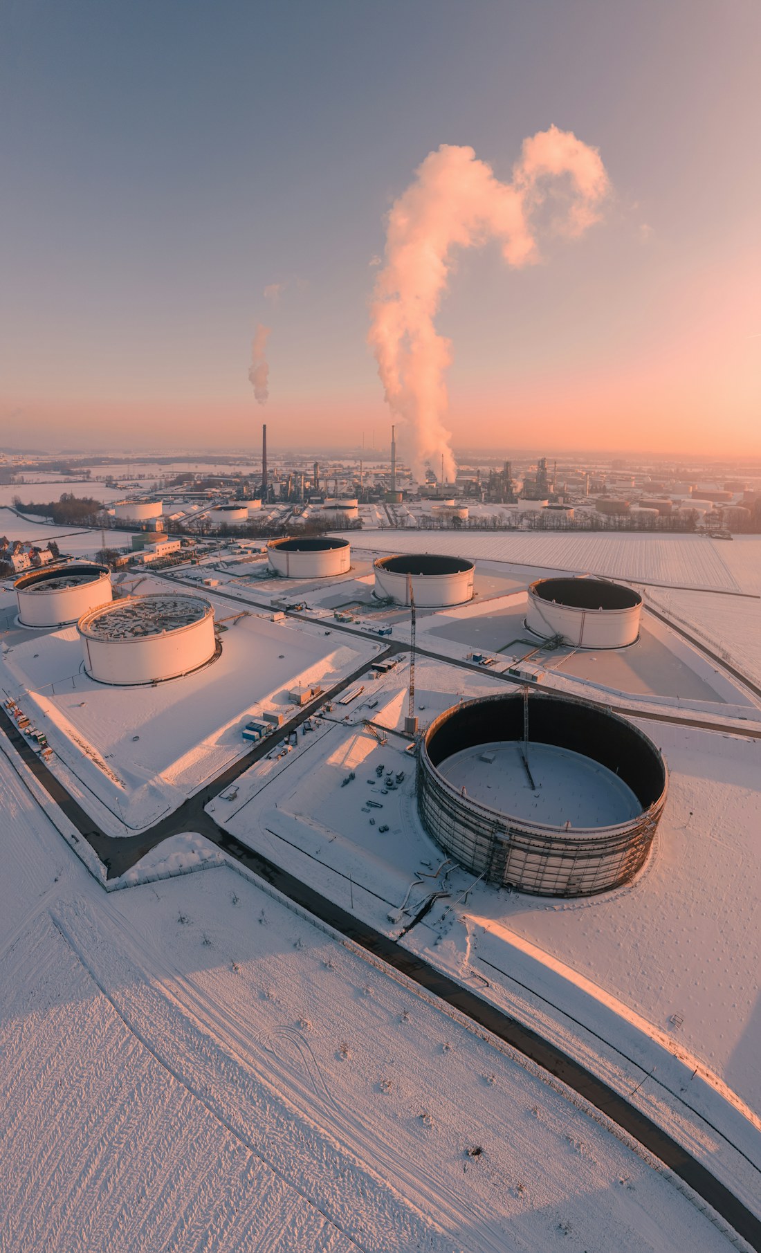 Refinery tank farm at sunrise